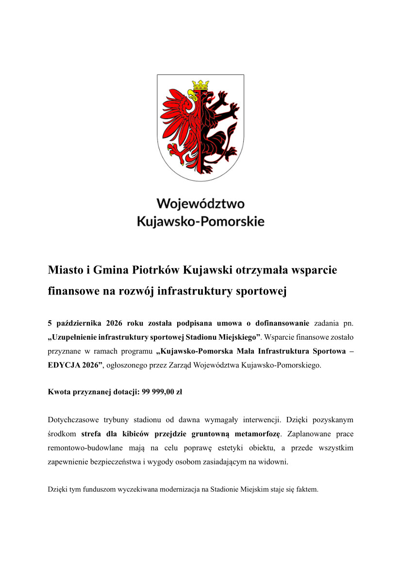 Miasto i Gmina Piotrków Kujawski otrzymała wsparcie finansowe na rozwój infrastruktury sportowej